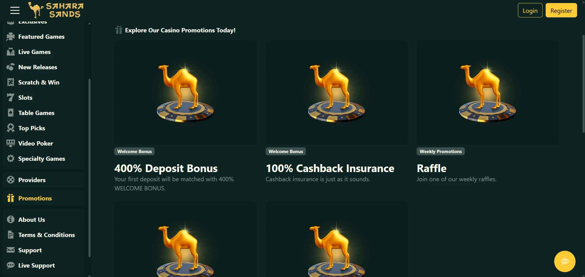 Sahara Sands Casino bonus section with the current welcome offer