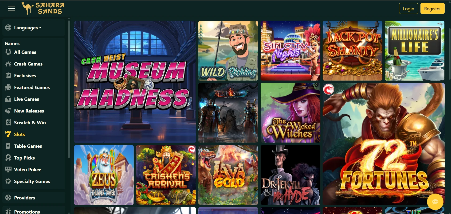 Sahara Sands Casino games lobby with game icons