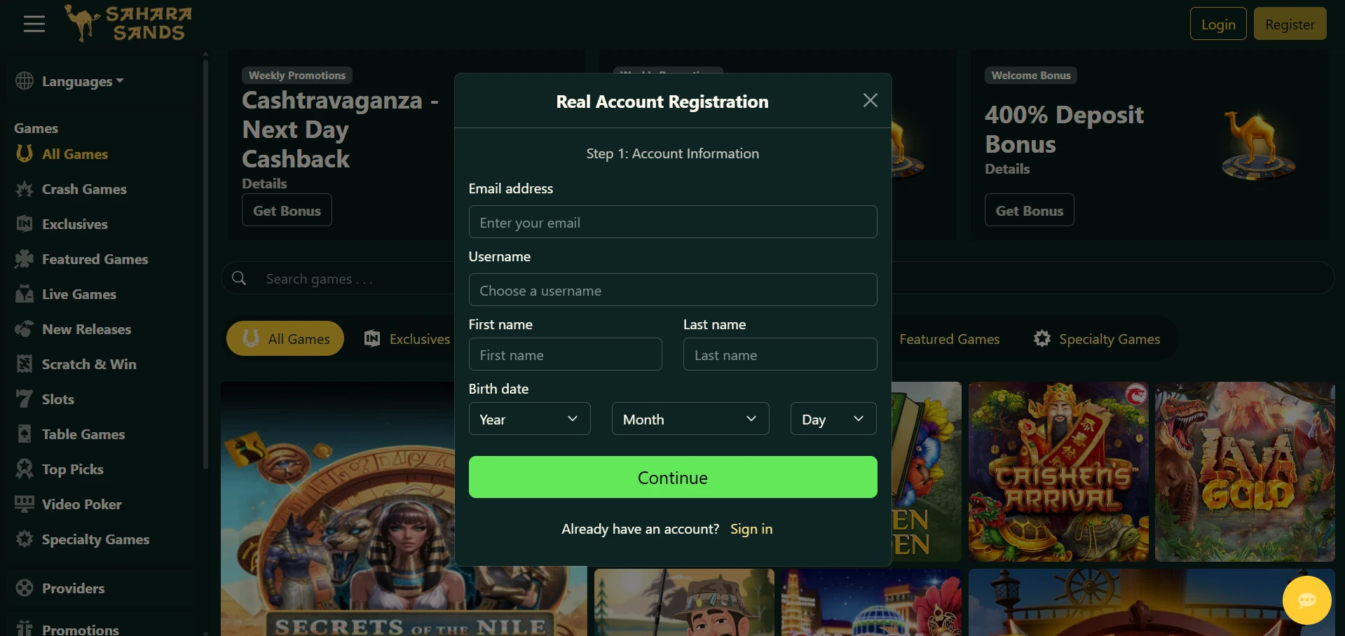 Sahara Sands Casino registration form